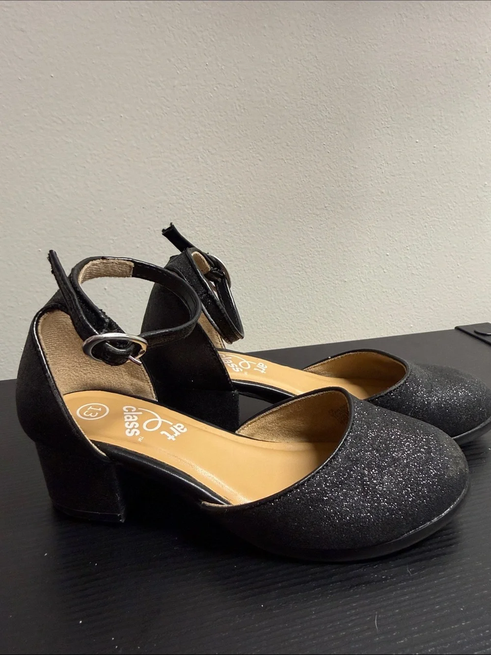 Little Girl Classic Black Glitter Ankle Strap Block Heel Shoes SZ 13